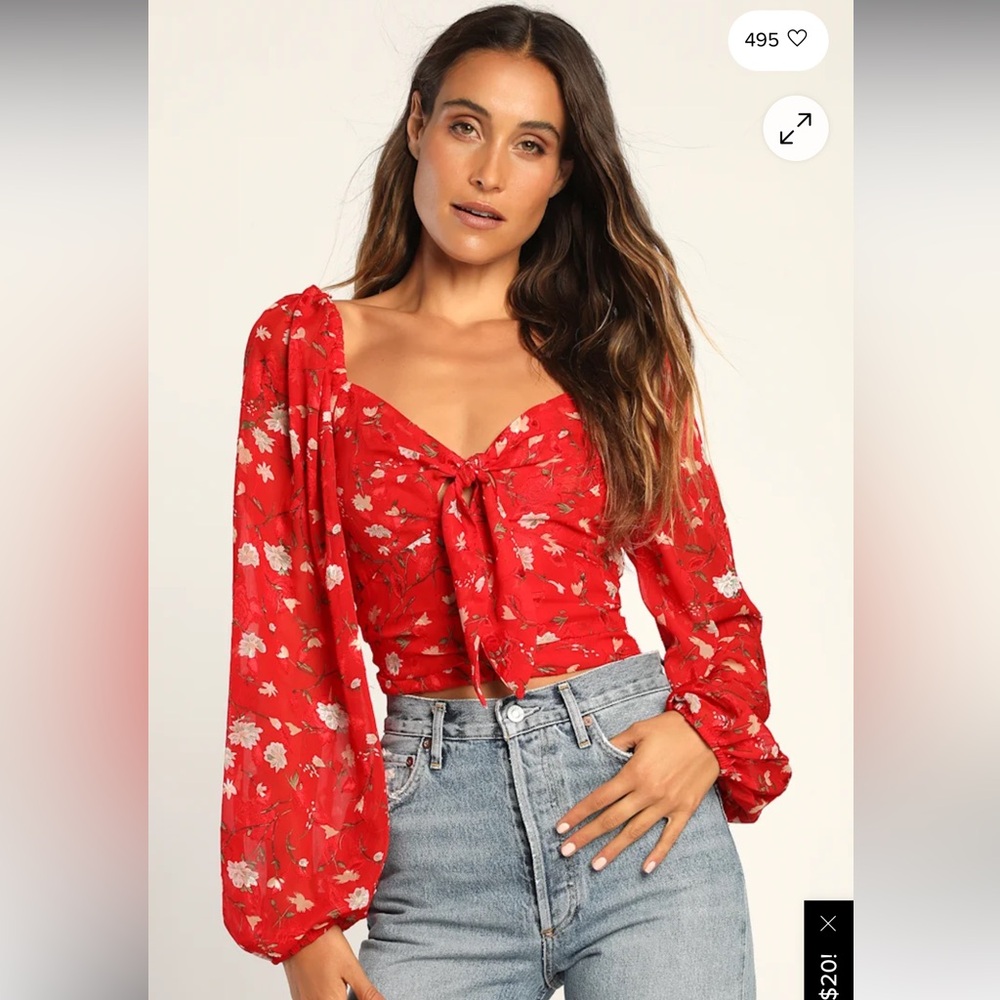 Flower Source Red Floral Print Tie-Front Long Sleeve Top